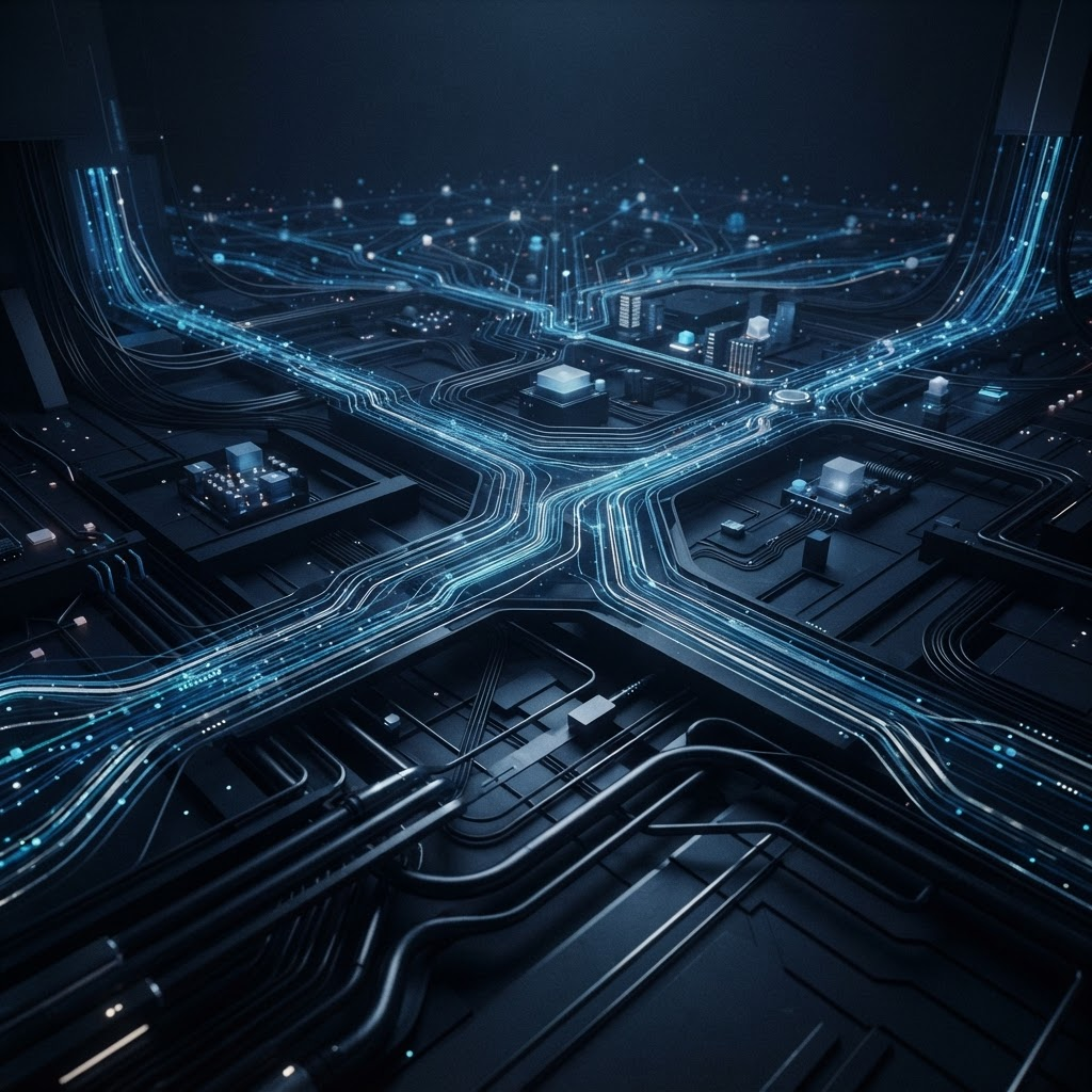 Abstract visualization of an enterprise data pipeline and analytics dashboard